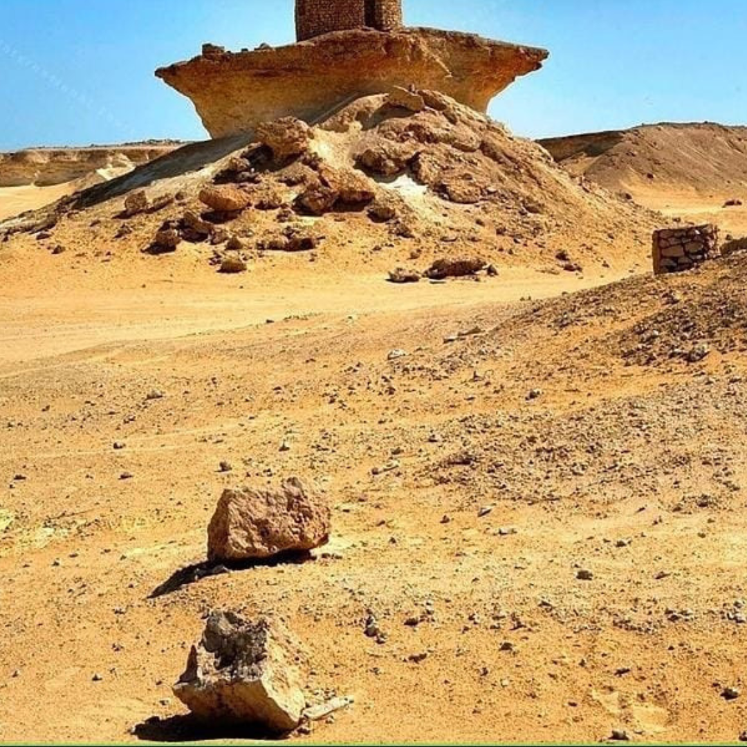Desert landscape of sand and rocks along Qatar’s West Coast, showcasing the natural beauty during the tour.